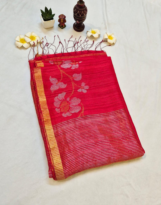 Samhita | Ruby Red Matka Silk with Golden Zari Border Handwoven Jamdani Saree