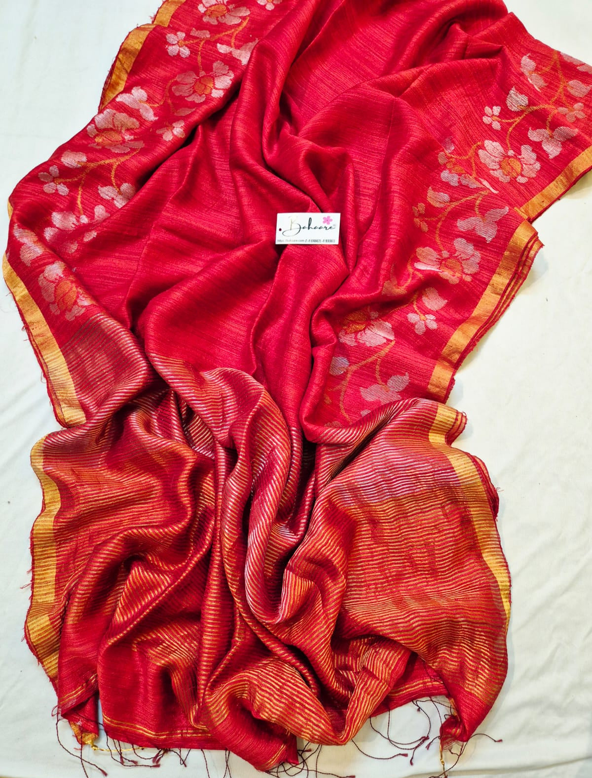 Samhita | Ruby Red Pure Silk with Golden Zari Border Handwoven Jamdani Saree