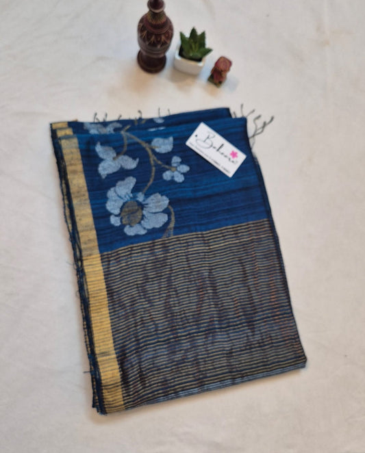 Samhita | Teal Blue Matka Silk with Golden Zari Border Handwoven Jamdani Saree