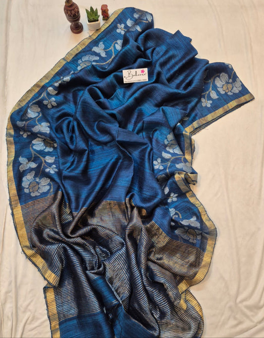 Samhita | Teal Blue Matka Silk with Golden Zari Border Handwoven Jamdani Saree