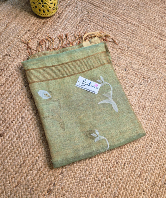 Springtime Serenity | Metallic Green Tissue Linen Saree