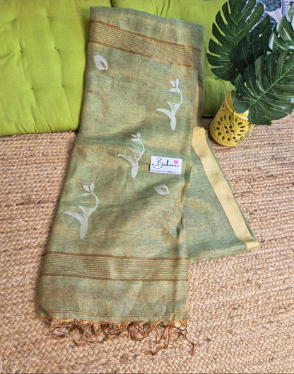 Springtime Serenity | Metallic Green Tissue Linen Saree