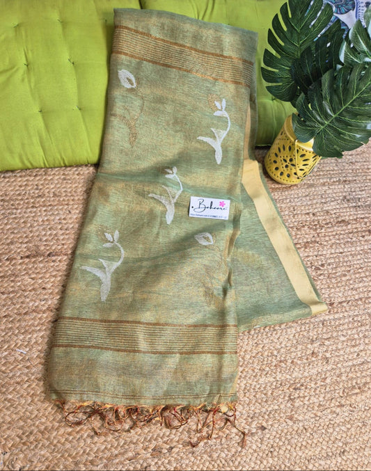 Springtime Serenity | Metallic Green Tissue Linen Saree