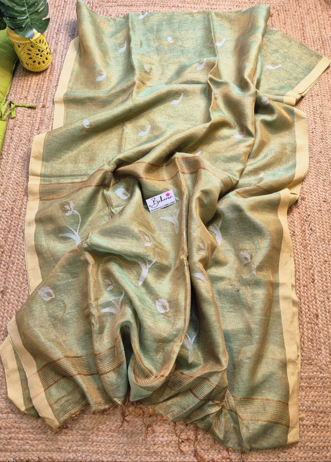 Springtime Serenity | Metallic Green Tissue Linen Saree