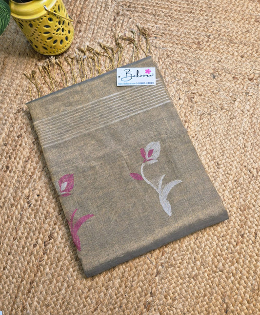 Springtime Serenity | Cool Grey Tissue Linen Saree