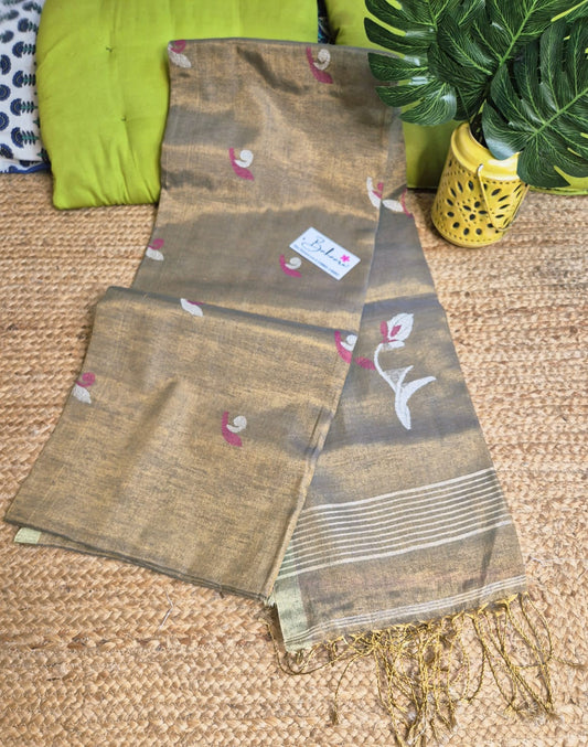 Springtime Serenity | Cool Grey Tissue Linen Saree