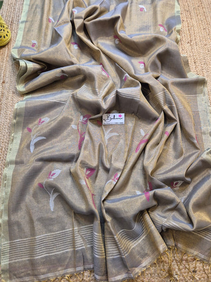 Springtime Serenity | Cool Grey Tissue Linen Saree