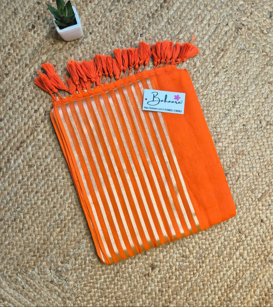 Noor | Neon Orange Mul Mul Cotton Saree with Golden Zari Stripe