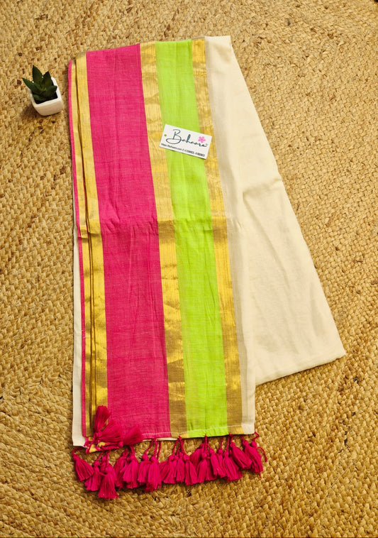 Mohini | Pastel Cream Mul Mul Cotton Saree with Coloured Border