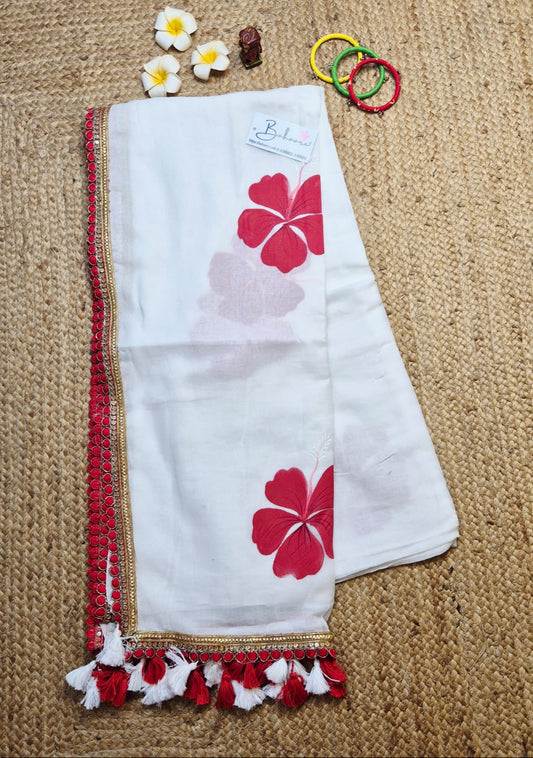 Exotic Hibiscus | Milky White Mul Mul Cotton Saree with Zari Lace