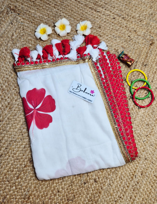 Exotic Hibiscus | Milky White Mul Mul Cotton Saree with Zari Lace