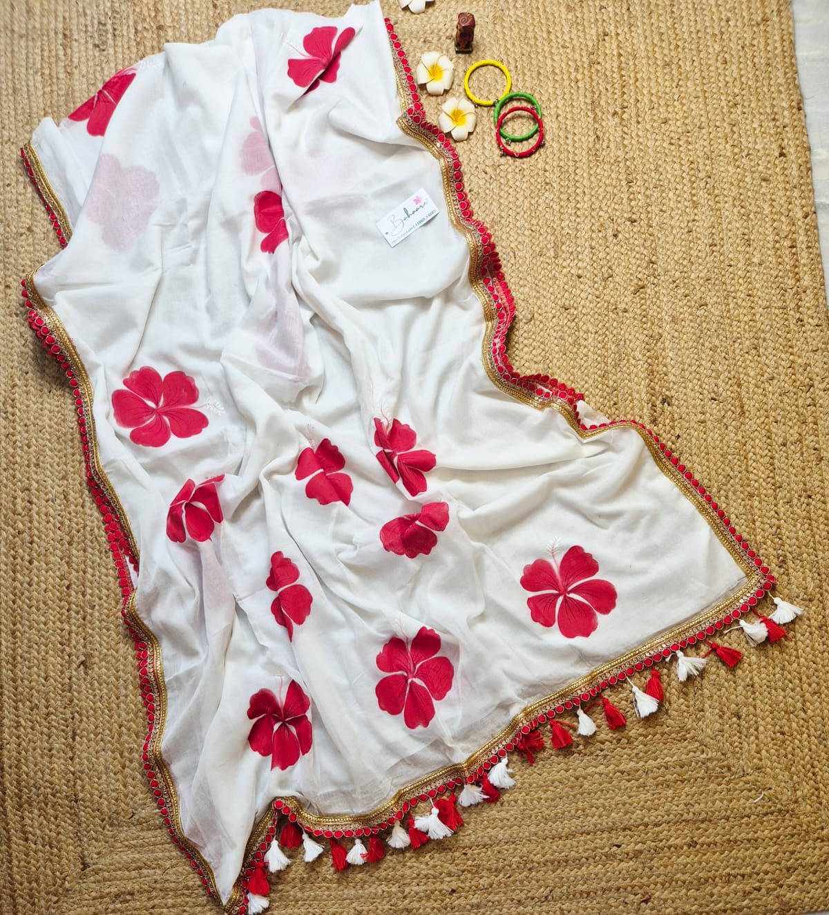 Exotic Hibiscus | Milky White Mul Mul Cotton Saree with Zari Lace