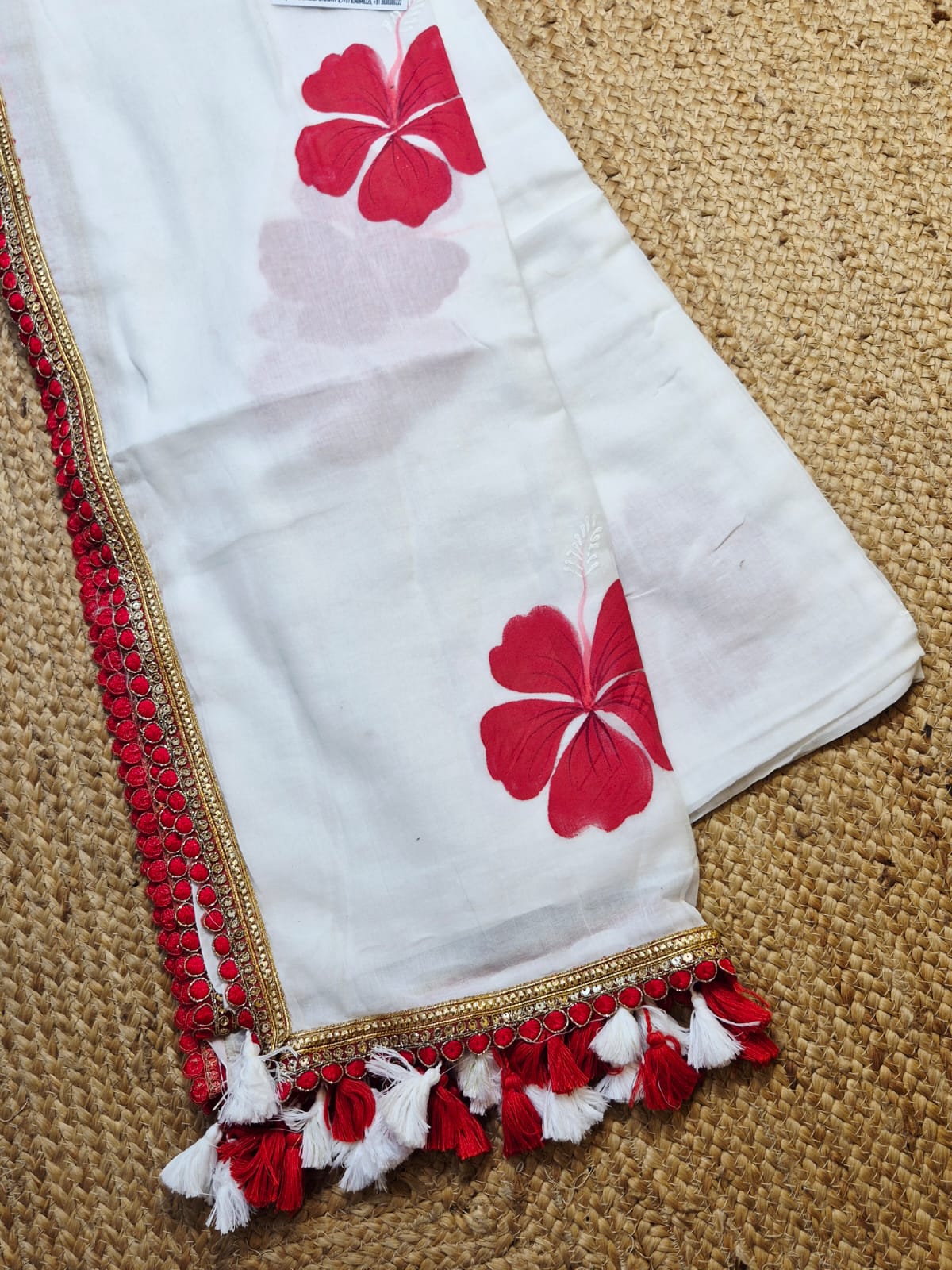 Exotic Hibiscus | Milky White Mul Mul Cotton Saree with Zari Lace