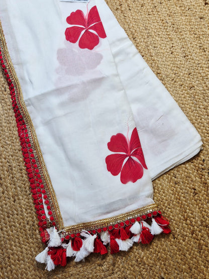 Exotic Hibiscus | Milky White Mul Mul Cotton Saree with Zari Lace