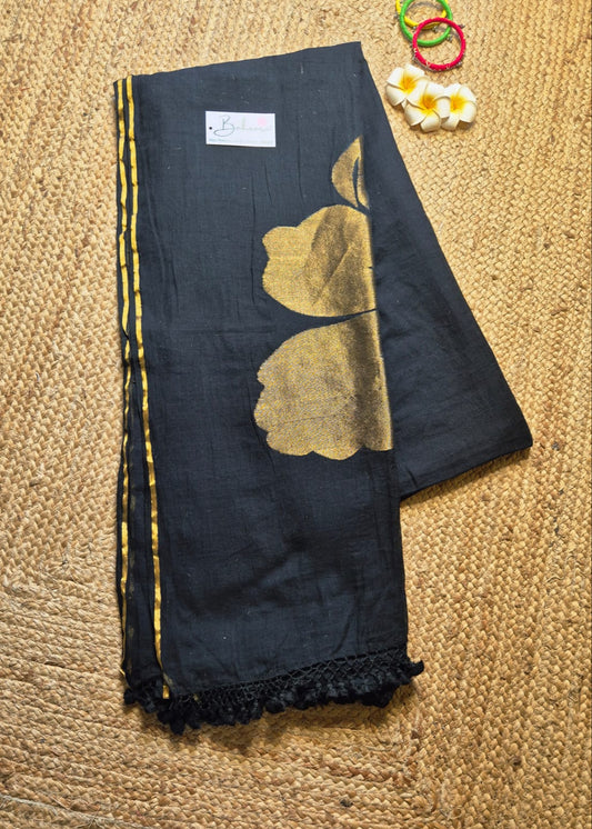 Cotton Galleria | Jade Black 120 Count Premium Cotton Saree with Exclusive Zari Flower Motif