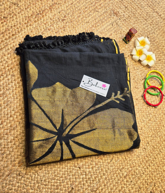 Cotton Galleria | Jade Black 120 Count Premium Cotton Saree with Exclusive Zari Flower Motif
