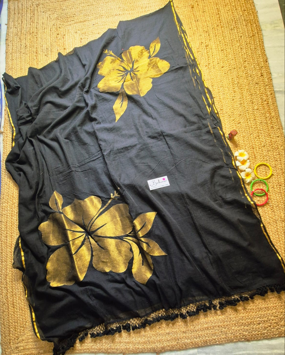 Cotton Galleria | Jade Black 120 Count Premium Cotton Saree with Exclusive Zari Flower Motif