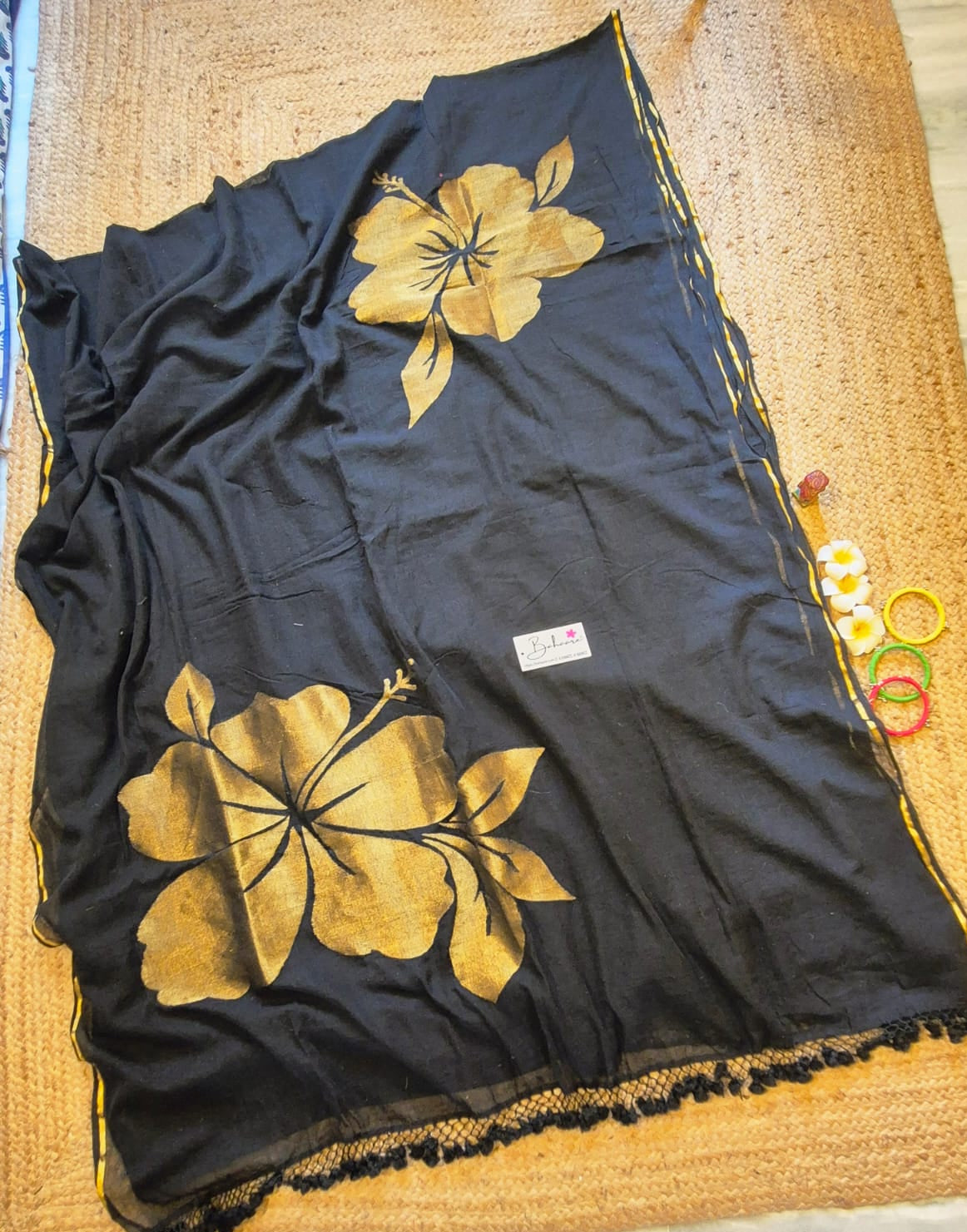 Cotton Galleria | Jade Black 120 Count Premium Cotton Saree with Exclusive Zari Flower Motif