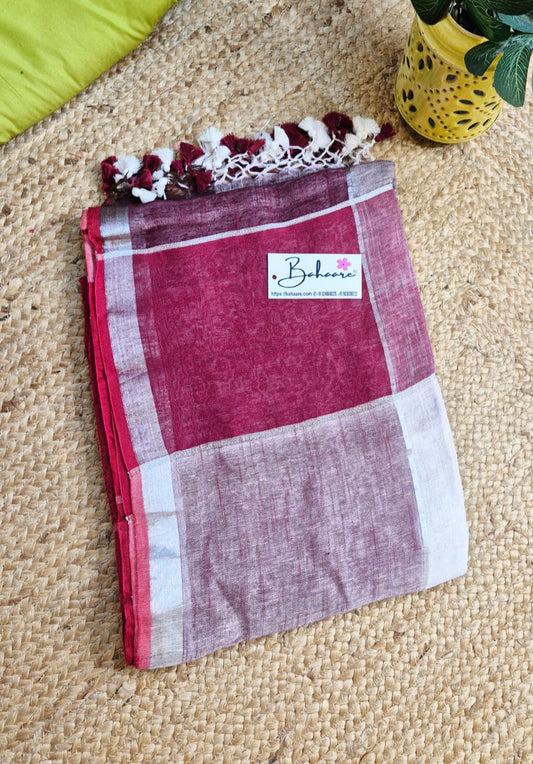 Woodland Whispers | Maroon with Coffee Box Linen By Linen Saree