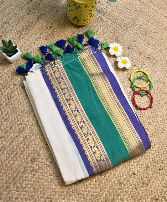 Noor | Floral White Mul Mul Cotton Saree with Rama Green and Blue Zari Border