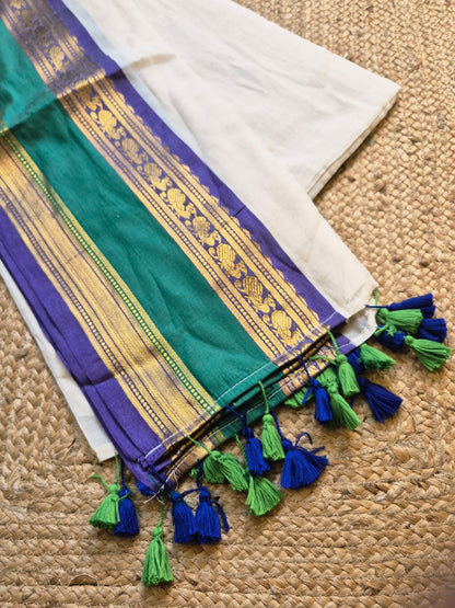 Noor | Floral White Mul Mul Cotton Saree with Rama Green and Blue Zari Border