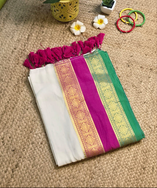 Noor | Dutch White Mul Mul Cotton Saree with Rani Pink and Green Zari Border