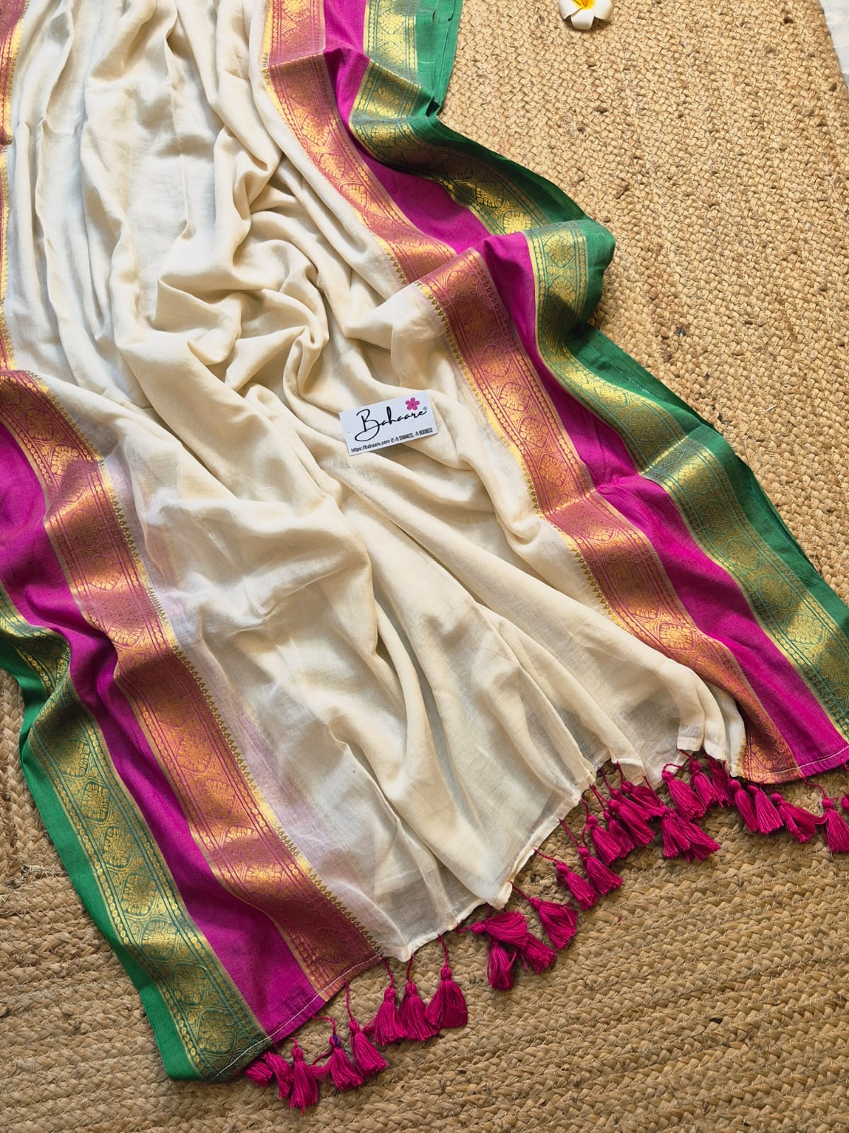 Noor | Dutch White Mul Mul Cotton Saree with Rani Pink and Green Zari Border
