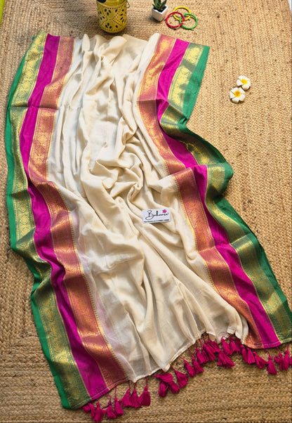Noor | Dutch White Mul Mul Cotton Saree with Rani Pink and Green Zari Border