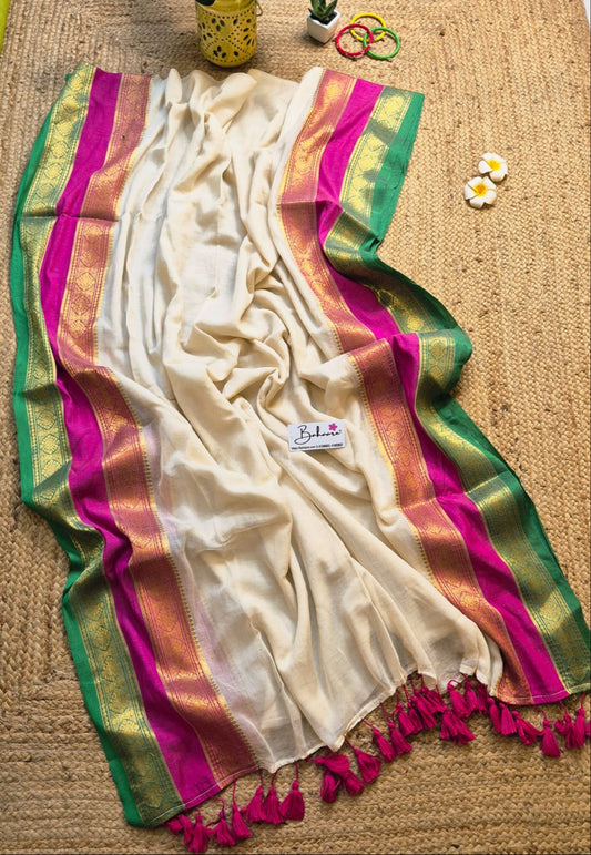 Noor | Dutch White Mul Mul Cotton Saree with Rani Pink and Green Zari Border