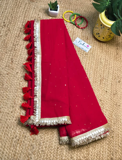 Shimmering Starlight | Laal Ishq Mul Mul Cotton Saree with Golden Zari Lace