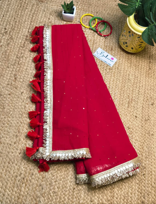 Shimmering Starlight | Laal Ishq Mul Mul Cotton Saree with Golden Zari Lace
