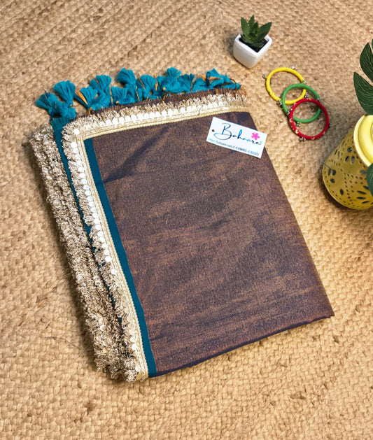 Suhani | Metallic Copper Handloom Tissue Saree with Zari Lace