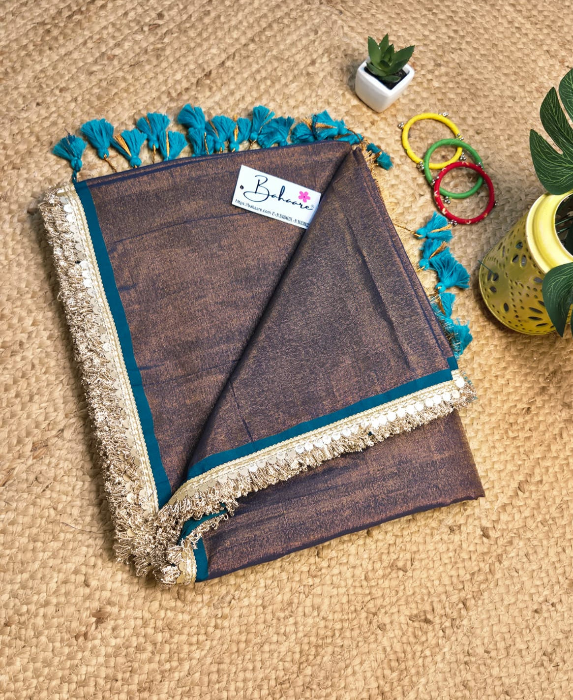 Suhani | Metallic Copper Handloom Tissue Saree with Zari Lace