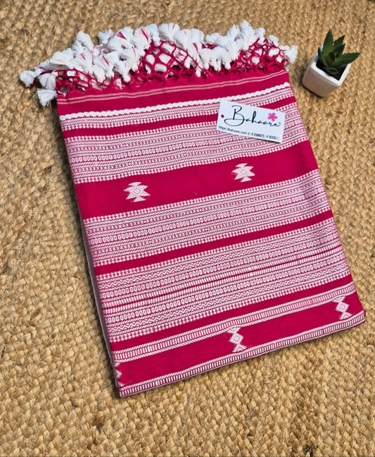 Cotton Galleria | Crimson Red Premium Bengal Cotton Bhujodi Saree with Designer Tassels