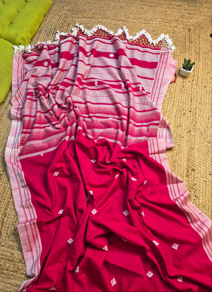 Cotton Galleria | Crimson Red Premium Bengal Cotton Bhujodi Saree with Designer Tassels