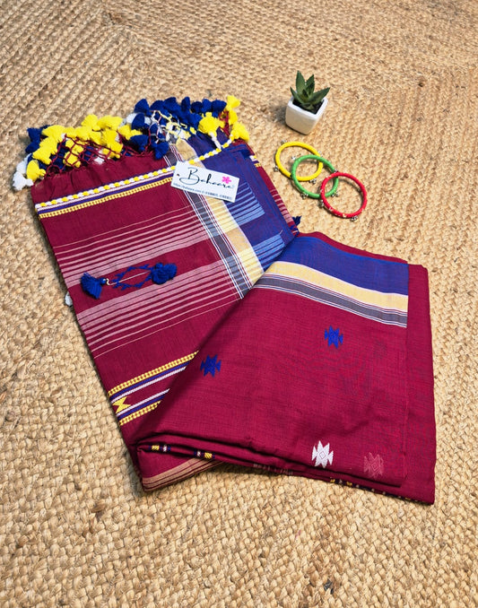 Cotton Galleria | Burnt Maroon Premium Bengal Cotton Bhujodi Saree with Designer Tassels
