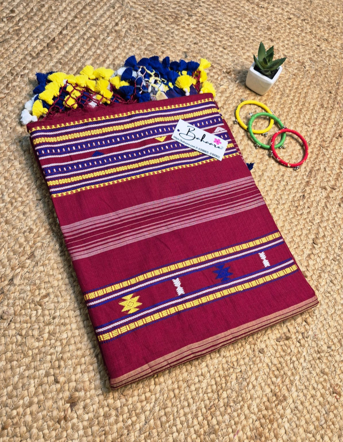 Cotton Galleria | Burnt Maroon Premium Bengal Cotton Bhujodi Saree with Designer Tassels