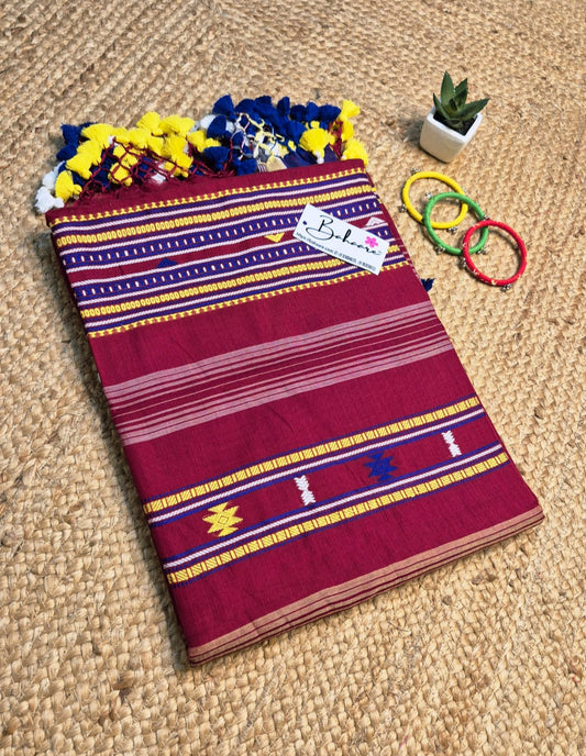 Cotton Galleria | Burnt Maroon Premium Bengal Cotton Bhujodi Saree with Designer Tassels