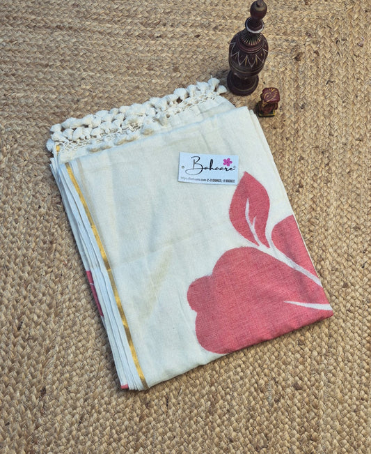 Cotton Galleria | Cream White 120 Count Premium Cotton Saree with Exclusive Flower Motif
