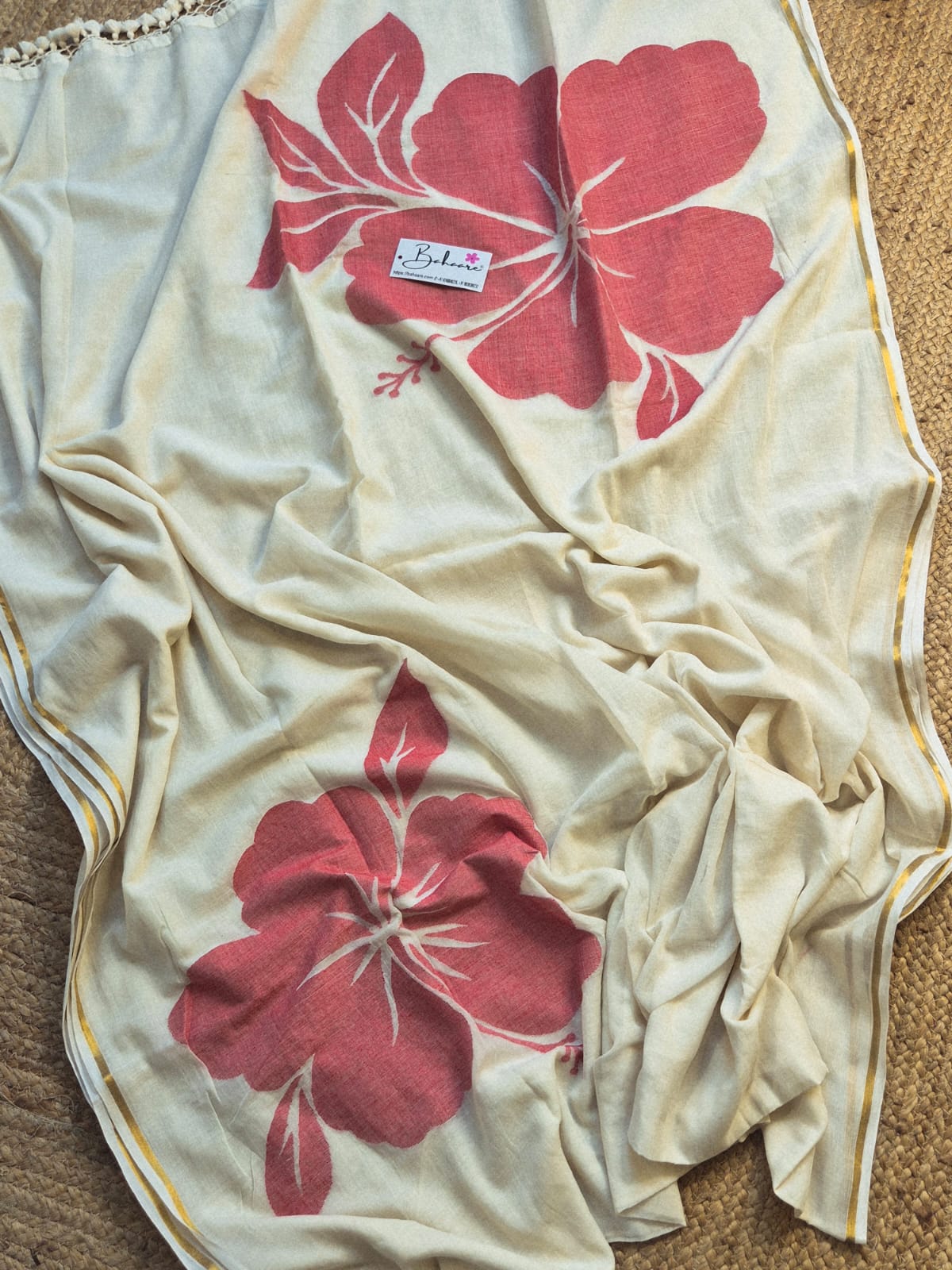 Cotton Galleria | Cream White 120 Count Premium Cotton Saree with Exclusive Flower Motif