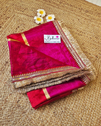 Megha | Red with Magenta Tissue Saree with Zari Lace