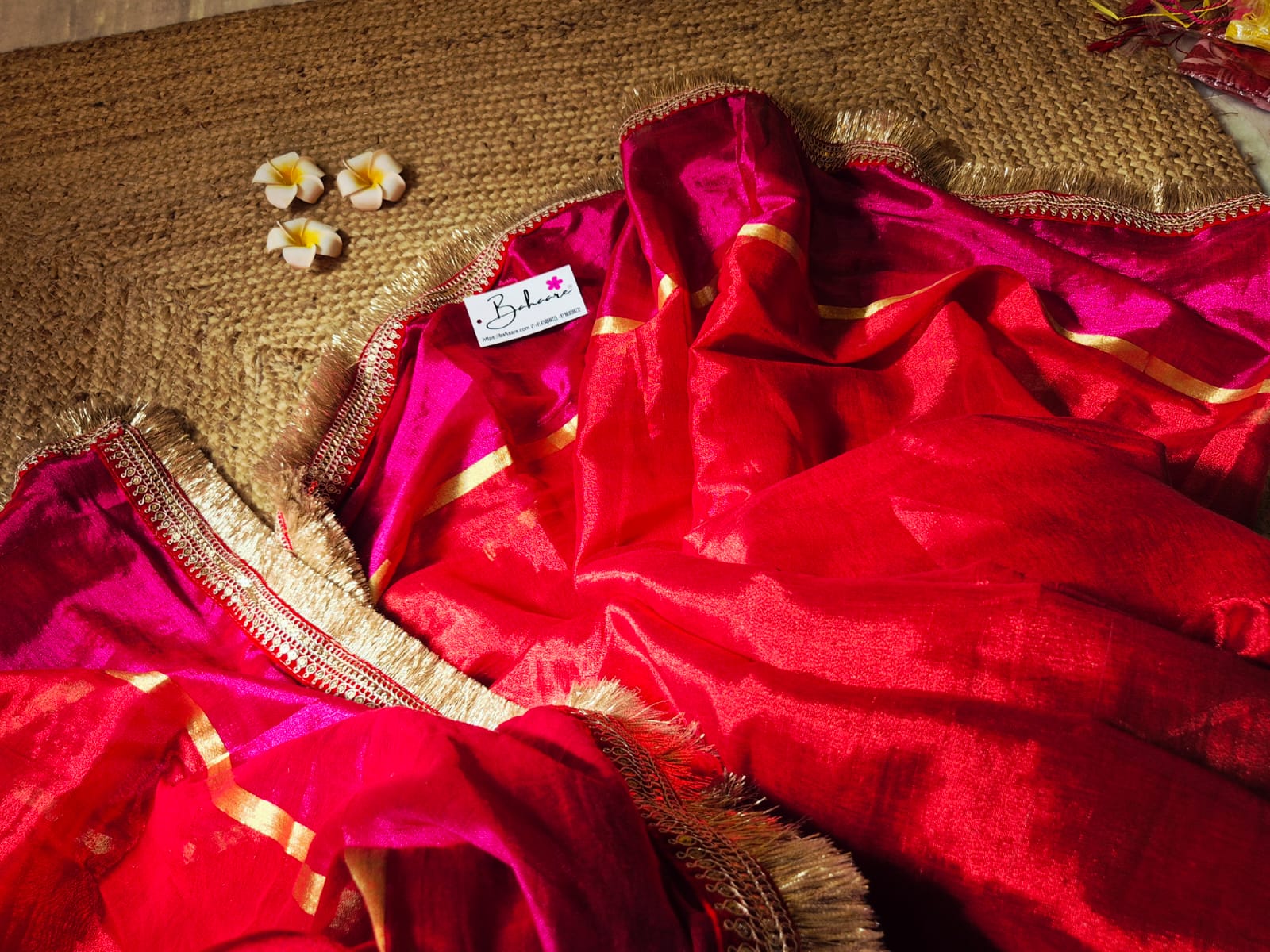 Megha | Red with Magenta Tissue Saree with Zari Lace