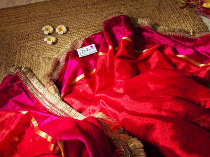 Megha | Red with Magenta Tissue Saree with Zari Lace