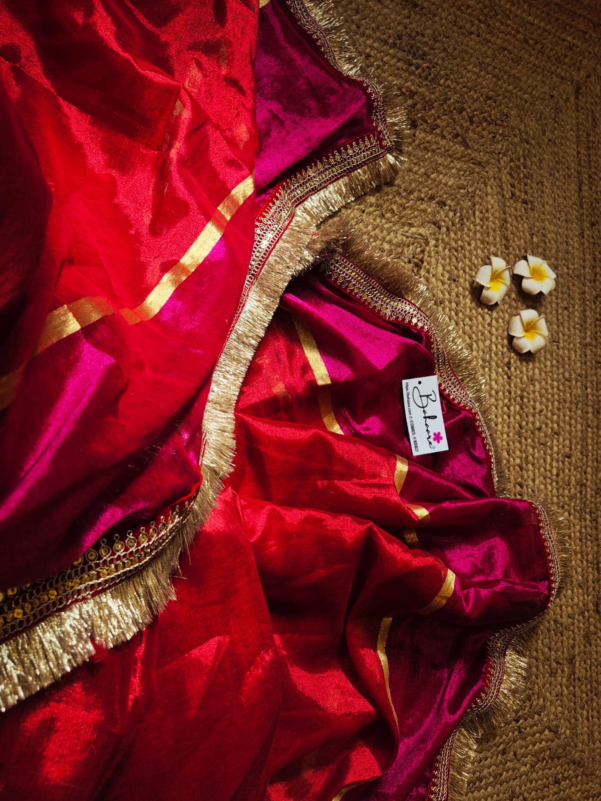Megha | Red with Magenta Tissue Saree with Zari Lace