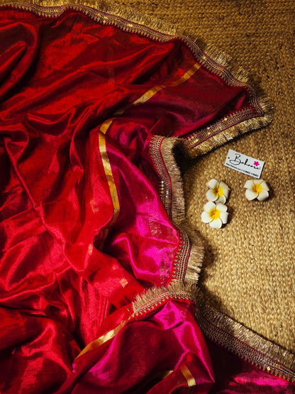 Megha | Red with Magenta Tissue Saree with Zari Lace