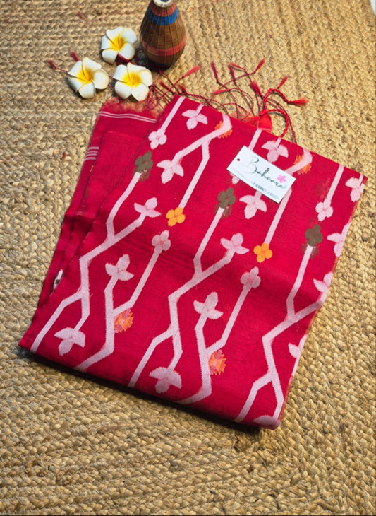 Utsav | Ruby Red Muslin Silk Jamdani Saree