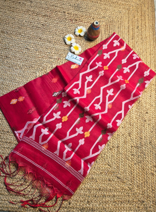 Utsav | Ruby Red Muslin Silk Jamdani Saree