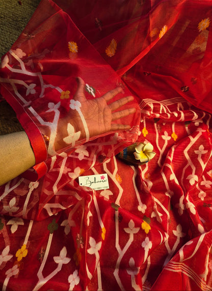 Utsav | Ruby Red Muslin Silk Jamdani Saree