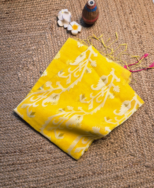 Utsav | Sunshine Yellow Muslin Silk Jamdani Saree