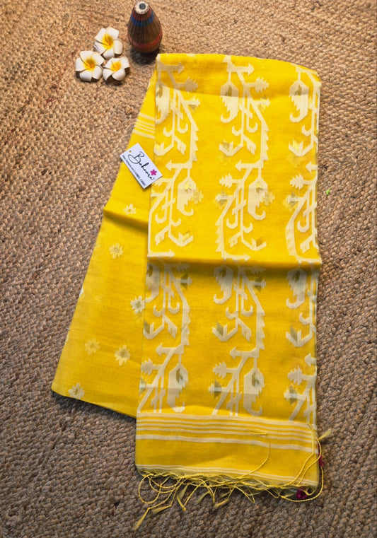 Utsav | Sunshine Yellow Muslin Silk Jamdani Saree